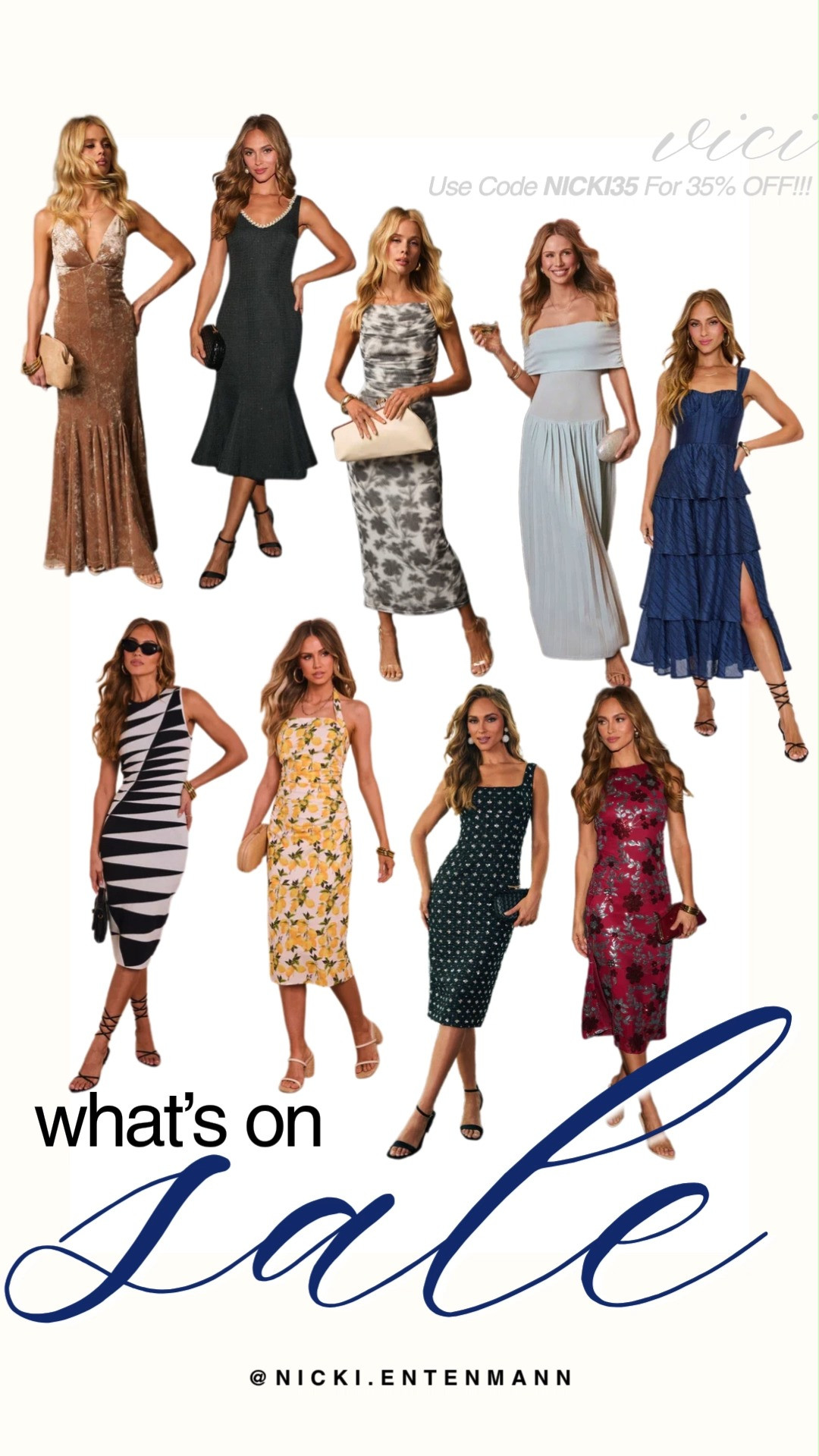 Find your next favorite statement look with the gorgeous dresses featured here. This stunning lineup highlights an array of elegant styles, including a playful lemon-print halter, bold geometric midis, tiered maxi silhouettes, and glamorous sequined designs perfect for any special occasion. Remember to use code NICKI35 at checkout to secure an incredible 35% off your entire order.#vicidolls #viciambassador #salealert #dressshopping #summerdresses #weddingguestdress #midi dress #maxidress #ootdinspo #shoppinghaul 

 #LTKootd #LTKSaleAlert #LTKWedding
