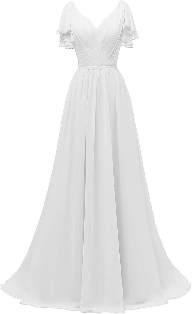Yexinbridal Ruffle Sleeves Bridesmaid Dresses V-Neck Chiffon Long Formal Wedding Evening Party Go... | Amazon (US)