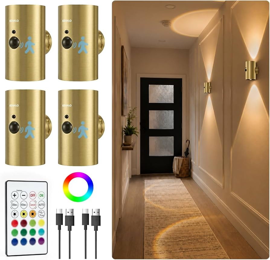 EZVALO Motion Sensor Wall Sconces, Gold Rechargeable Wall Decor | Amazon (US)