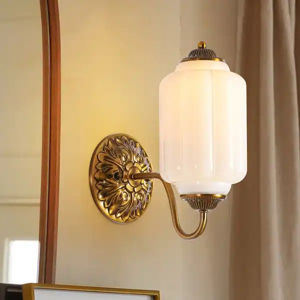 1-Light Vintage Aged Antique Brass Finish Lantern Shaped Wall Light with Milk/Green Glass for Bed... | Bed Bath & Beyond