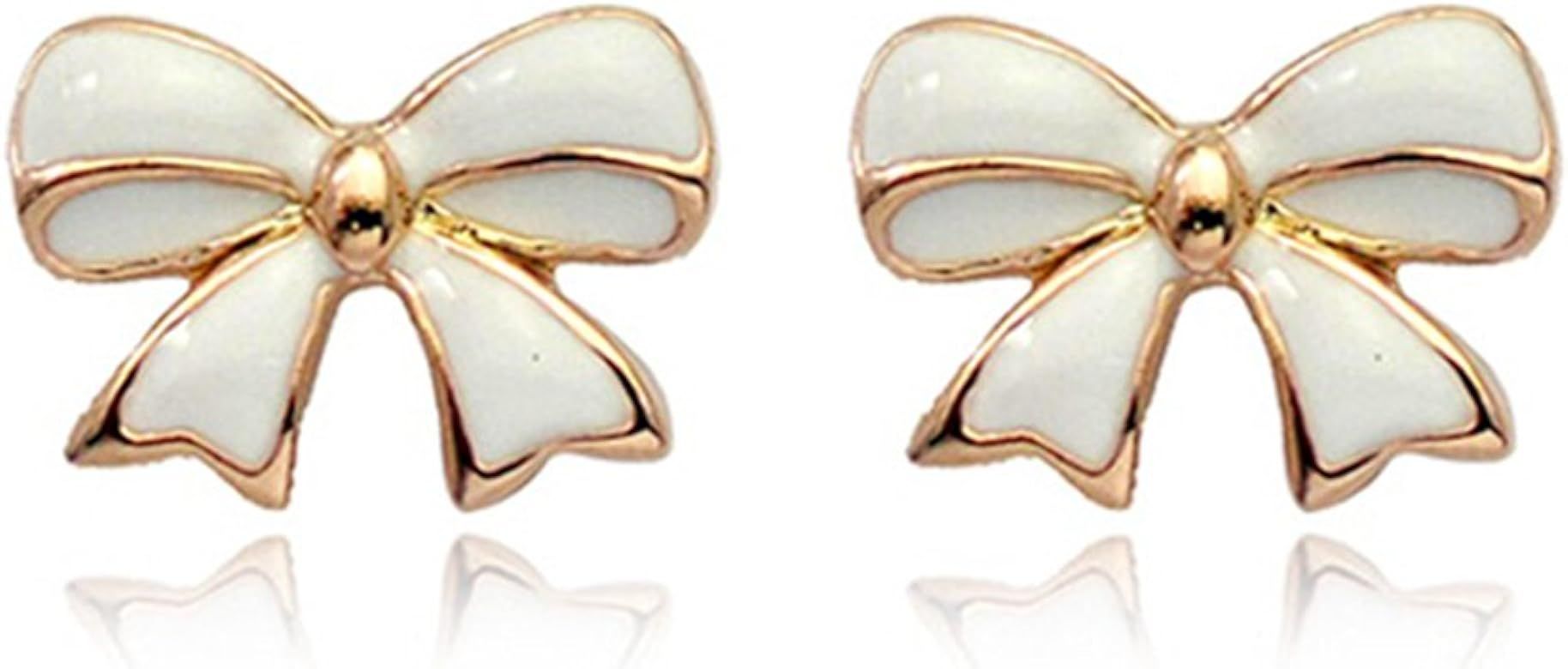 TyNox Simple Gold Tone Bow Tie Ribbon Stud Earrings Fashion Jewelry for Women (White) | Amazon (US)