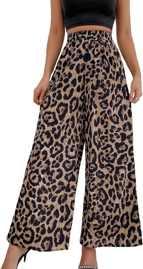 WDIRARA Women's Leopard Print Elastic High Waist Wide Leg Pants Casual Pants | Amazon (US)