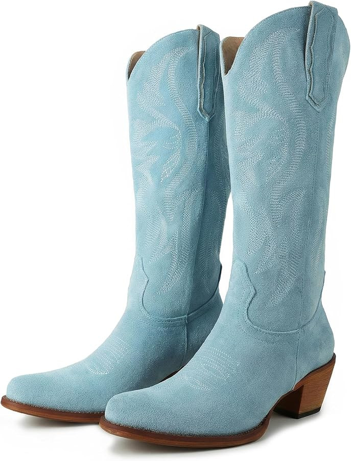 KaroNairy Women Cowboy Boots Faux Suede Embroidered Pointed Thick Heeled Western Wide Calf Cowgir... | Amazon (US)