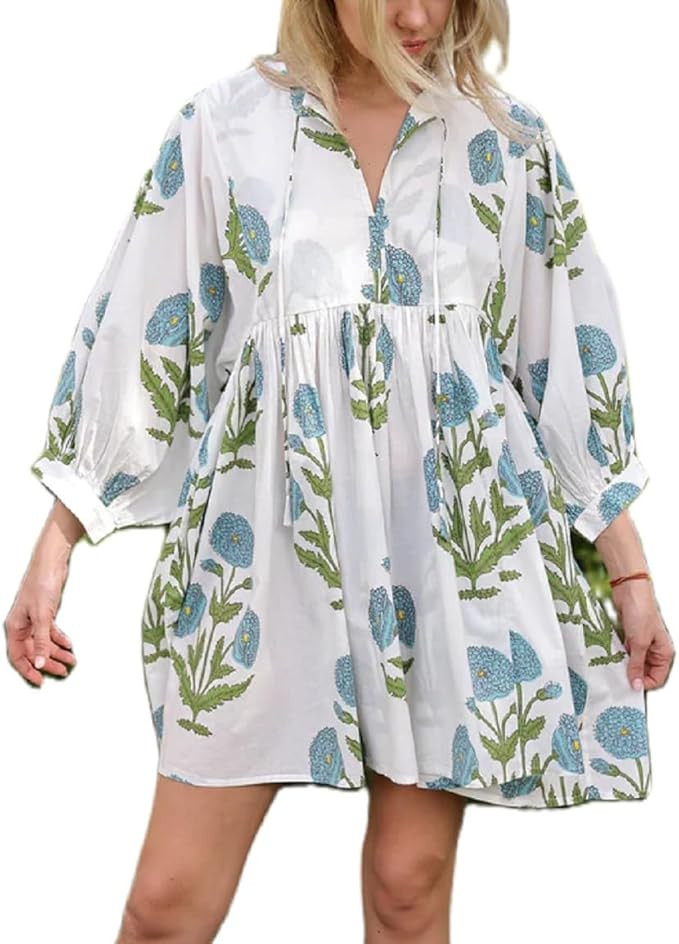 Women Boho Floral Short Dress Puff Sleeve Flowy Babydoll Dress V Neck Smocked Shirt Dresses Bohem... | Amazon (US)