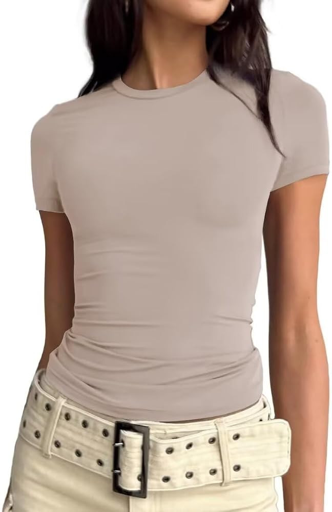 LEEDYA Womens Crew Neck Short Sleeve Shirt Basic Solid Workout Crop Tops Going Out Y2k Tops | Amazon (US)