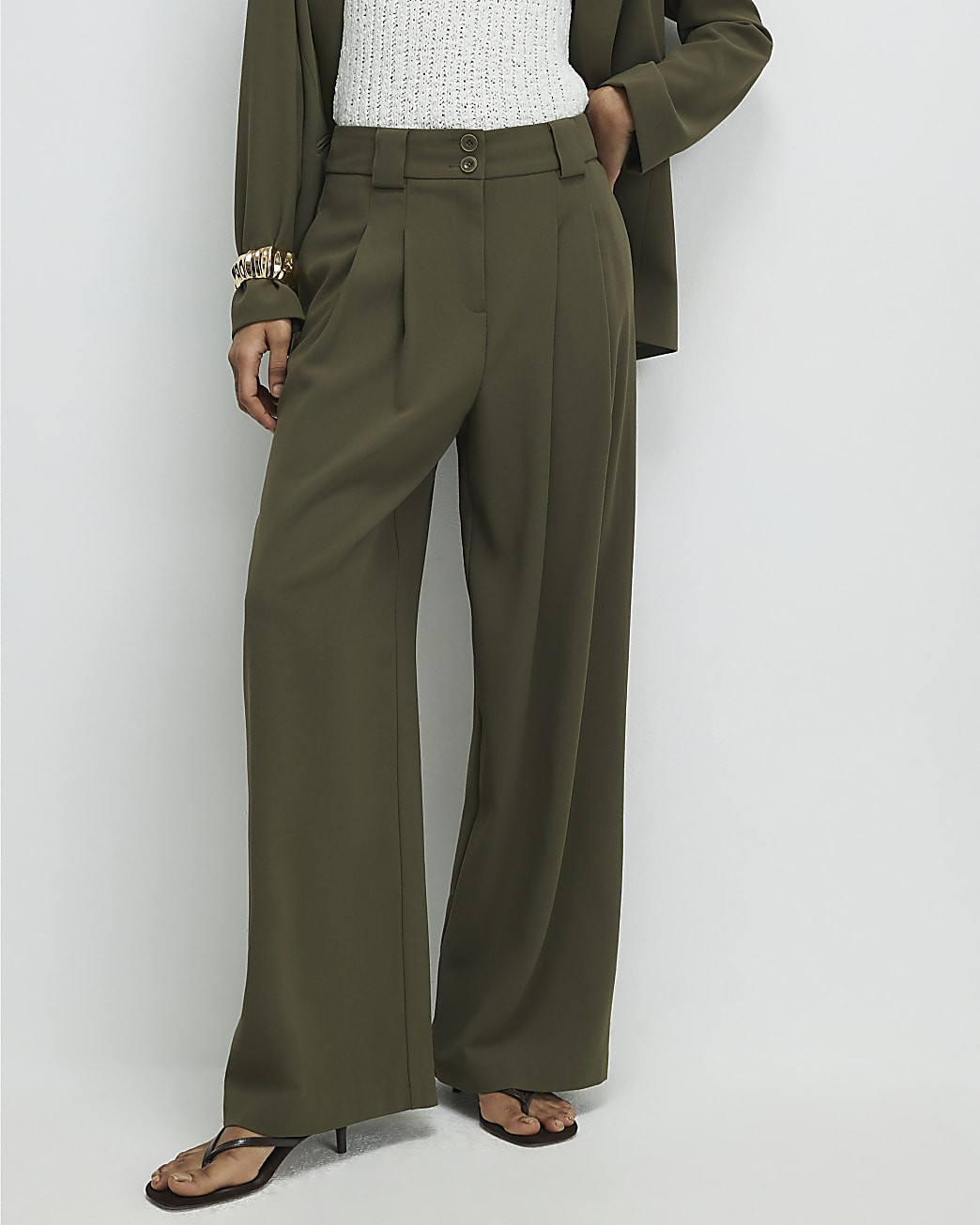 Green Wide Leg Pleated Trousers | River Island UK & IE