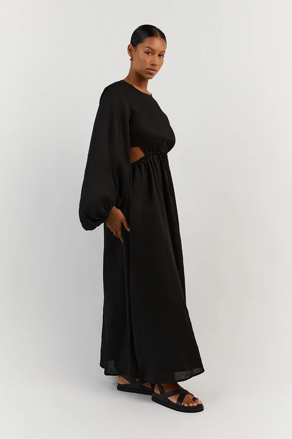 MOLLY BLACK LINEN MIDI DRESS | DISSH