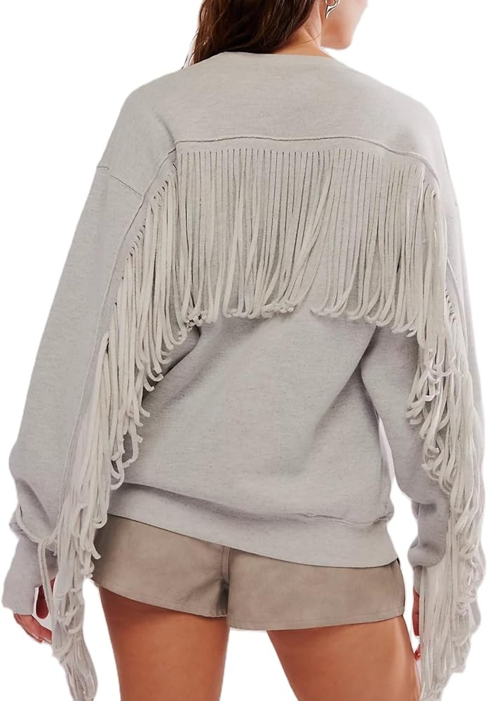 Adoeren Women Oversized Tassel Sweatshirt Fringe Trim Long Sleeve Crewneck Pullover Fall Fashion ... | Amazon (US)