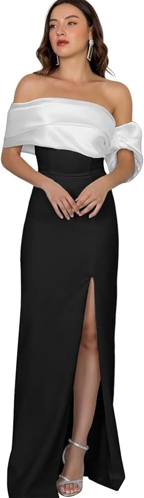 Satin Off The Shoulder Wedding Guest Dresses Long Column Formal Evening Maxi Dress TM64 | Amazon (US)