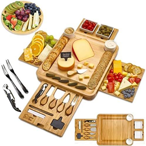 Cheese Board 2 Ceramic Bowls 2 Serving Plates. Magnetic 4 Drawers Bamboo Charcuterie Cutlery Knif... | Amazon (US)