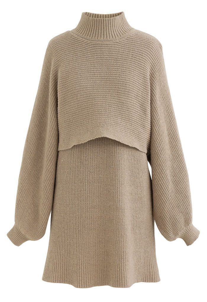 Mock Neck Crop Sweater and Sleeveless Knit Dress Set in Camel | Chicwish