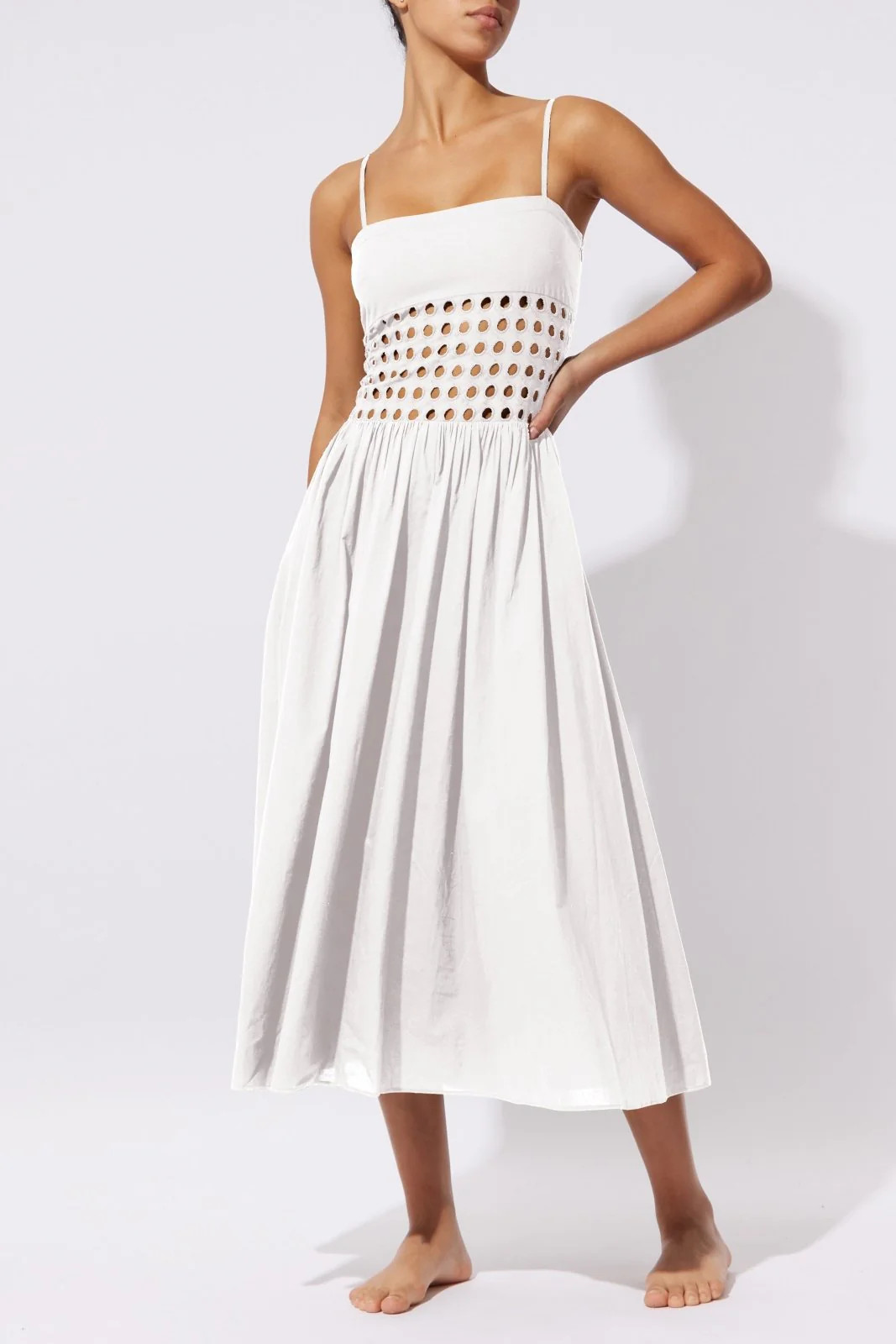 The Amelia Dress Midi Dress in Marshmallow Eyelet | Solid & Striped