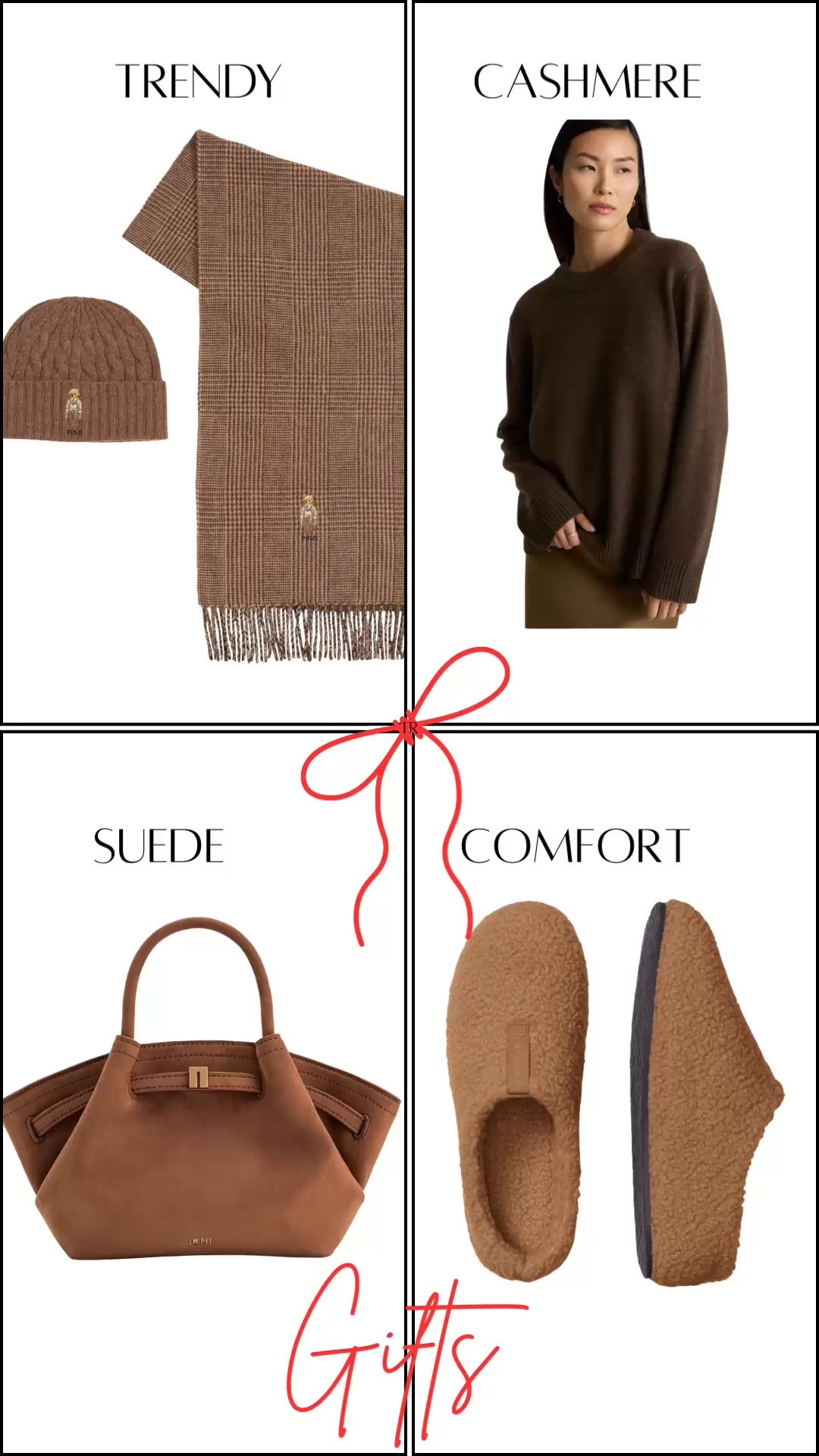 Cashmere sweater : a staple in every woman’s closet

Cozy slippers : these Bombas’ slippers are so cozy and come in many different colors

Suede bag: this bag is beautiful and the color of the season 🤎

Hat and scarf set : for all your outdoor Christmas market adventures