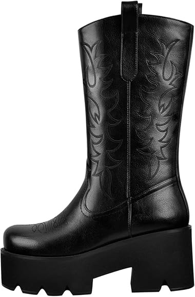 richealnini Mid Calf Boots for Women Embroidered Pull-On Knee High Booties | Amazon (US)