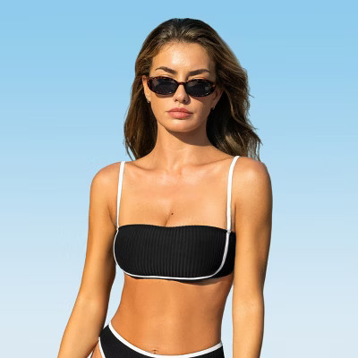Women's Chic Sporty Textured Contrast Trim Bikini Top -Cupshe-L-Black | Target