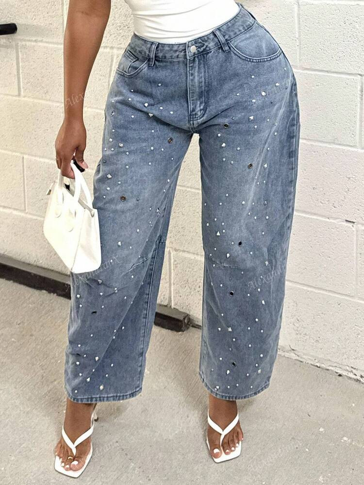 Alexandranx Casual Distressed Denim Jeans With Metal Stud Decor, Curved Blade Leg | SHEIN