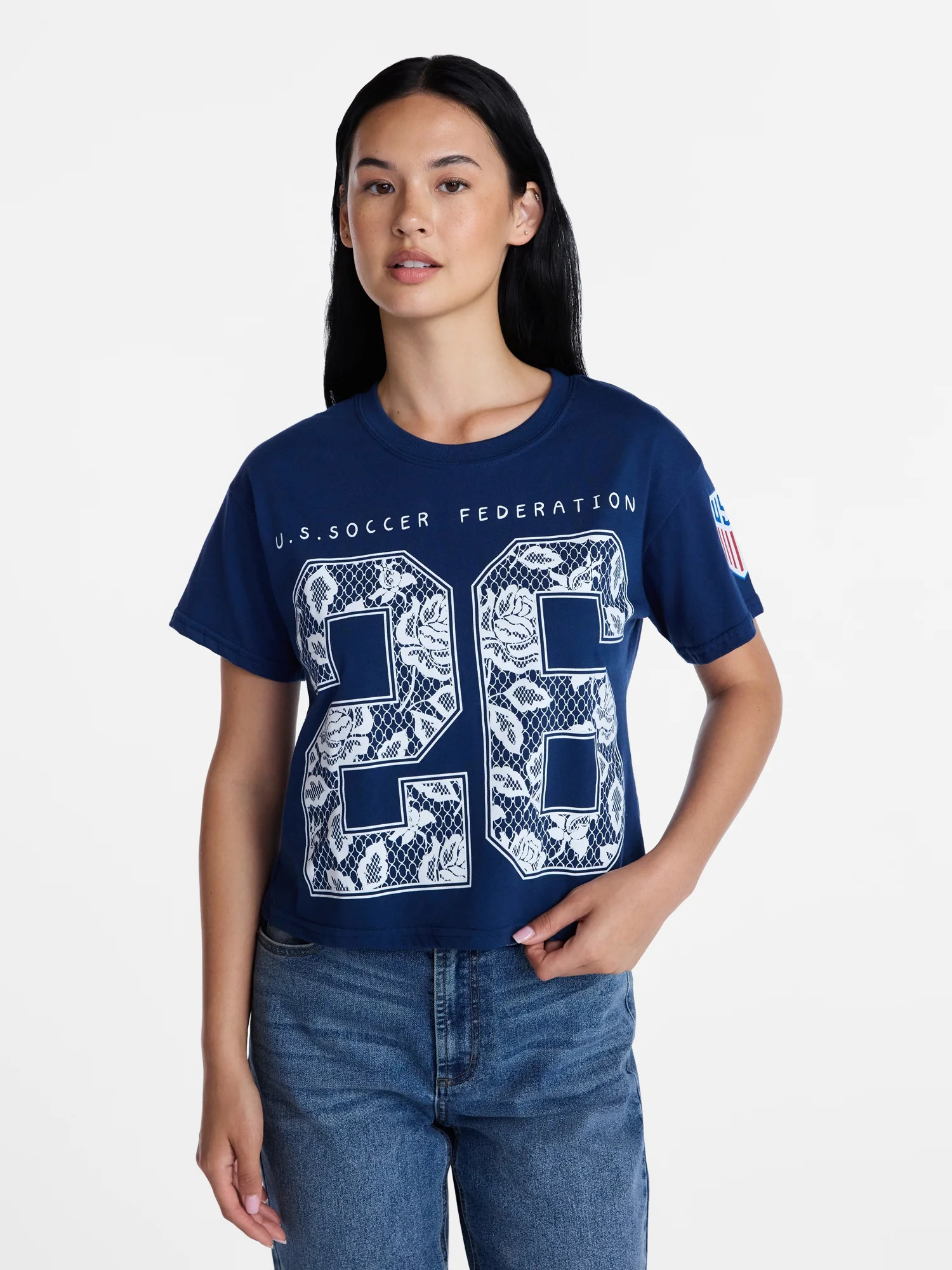 USSF Women's World Cup Lace Graphic Print Boxy Crop Tee, Sizes XXS-XXL | Walmart (US)