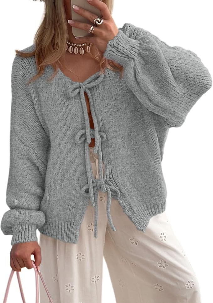 PRETTYGARDEN Women's Tie Front Bow Cardigan Sweaters Chunky Knit Long Puff Sleeve Trendy Fall Win... | Amazon (US)
