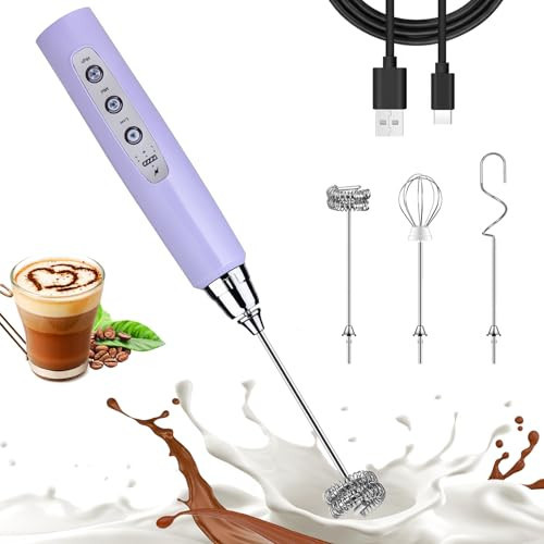 Nahida Light Purple Milk Frother Wand for Coffee, Frother Handheld Rechargeable Electric Whisk with 3 Heads 3 Speeds Drink Mixer Coffee Frother Foam Maker For Latte, Cappuccino, Hot Chocolate, Egg | Amazon (US)
