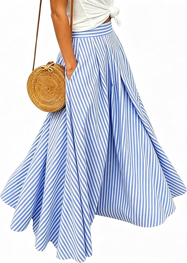 Women's Plaid Gingham Maxi Skirt High Waist A Line Pleated Flared Summer Casual Swing Long Skirt ... | Amazon (US)