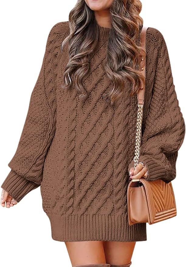 Nigaga Women Crewneck Long Sleeve Loose Oversized Cable Knit Chunky Pullover Short Sweater Dresse... | Amazon (US)