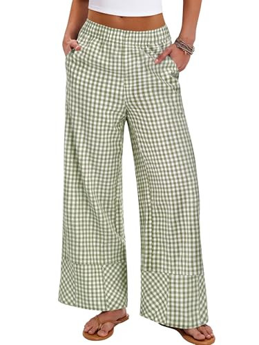 ANRABESS Womens Gingham Pants Checkered Plaid Striped Boxer Wide Leg Palazzo Pants Lounge PJ Bottoms Trousers with Pockets Army Green White Plaid Large | Amazon (US)