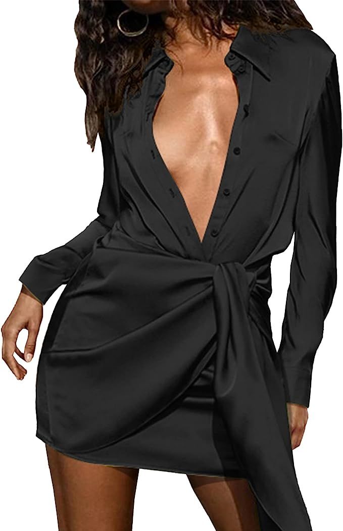 Amazon.com: BTFBM Women Button Down Shirts Dresses Satin Long Sleeve Lapel V Neck Elastic Waist S... | Amazon (US)