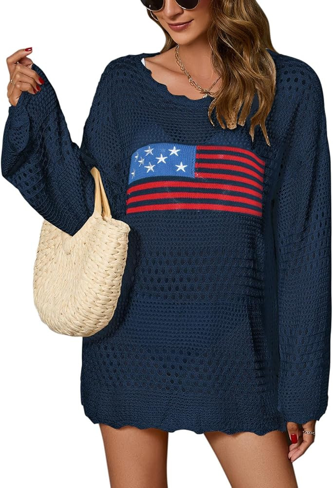 Women's Long Sleeve Swimsuit Cover Up American flag Hollow Out Bathing Suit Crochet Coverups | Amazon (US)