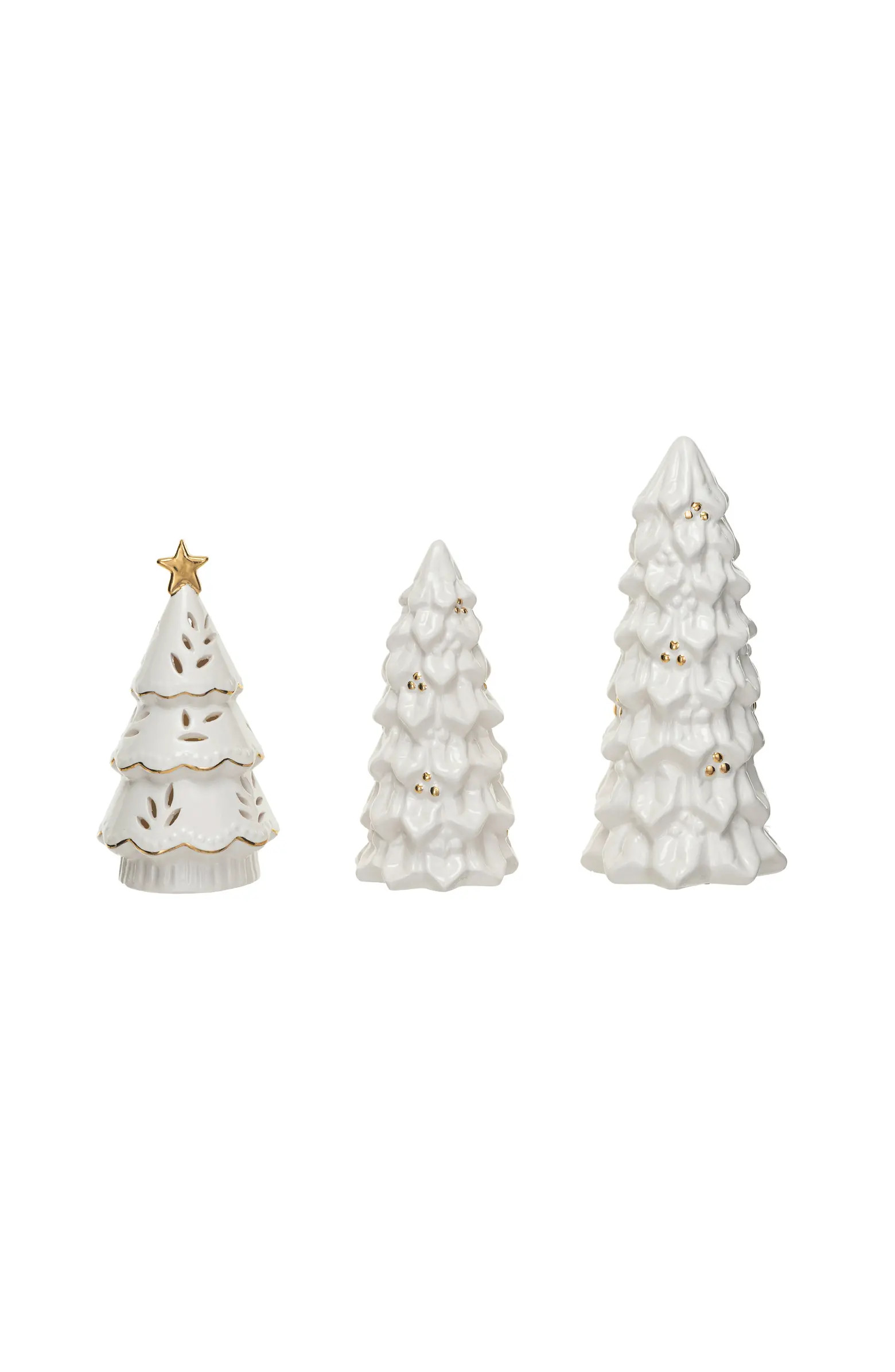 Stoneware Christmas Trees with Gold Electroplating and LED, Cream, Set of 3 | Nordstrom