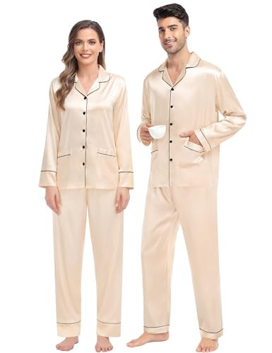SWOMOG Couple Family Pajamas Matching Sets Men Silk Satin Pjs Set 2 Pcs Long Sleeve Button Down Sleepwear with 2 Pockets, Champagne Small | Amazon (US)