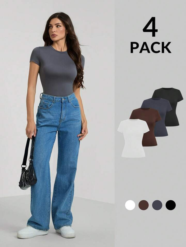 SHEIN Tall 4pcs Multi-Packs Basic Round Neck Short Sleeves T-Shirt | SHEIN