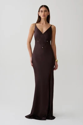 Maddison V Neck Satin Maxi Dress / Dark Chocolate | MESHKI | XXS | MESHKI US