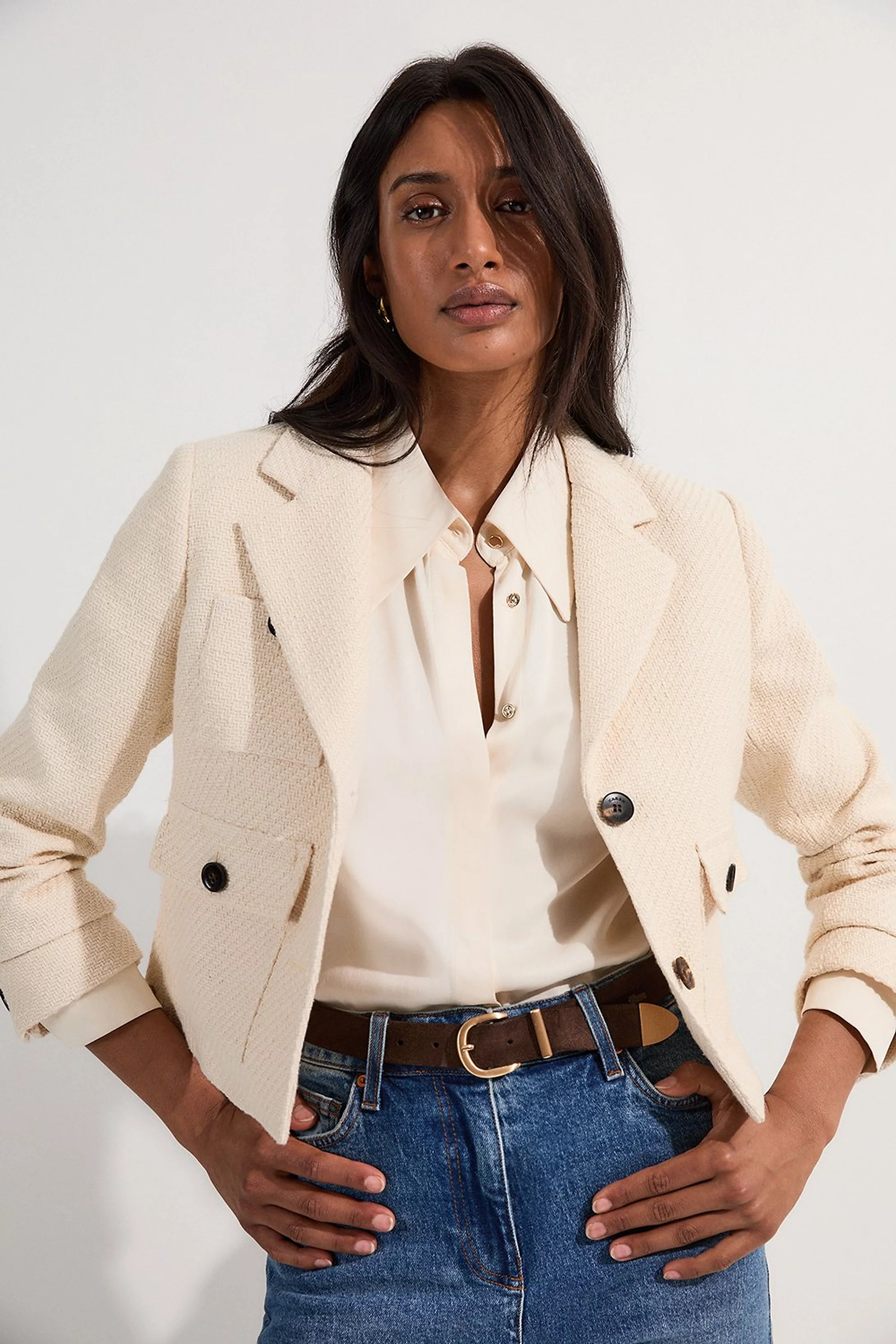 Textured Tweed Cropped Tailored Jacket | Karen Millen | Karen Millen UK + IE + DE + NL