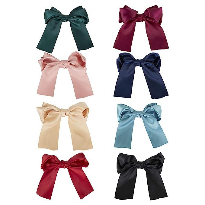 8 Pack 6 Inch Large Solid Knotted Bowknot Big Hair Bow With Long Ribbon Hair Clips Metal Snap Bar... | Amazon (US)