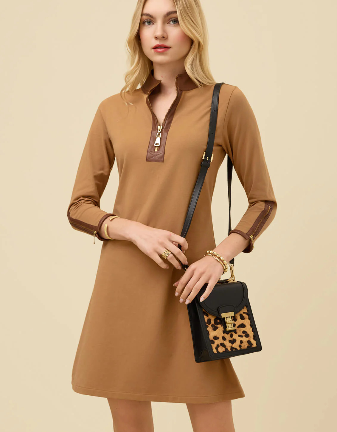 Nora Half-Zip Dress w/ Vegan Leather Brown Sugar | Spartina 449