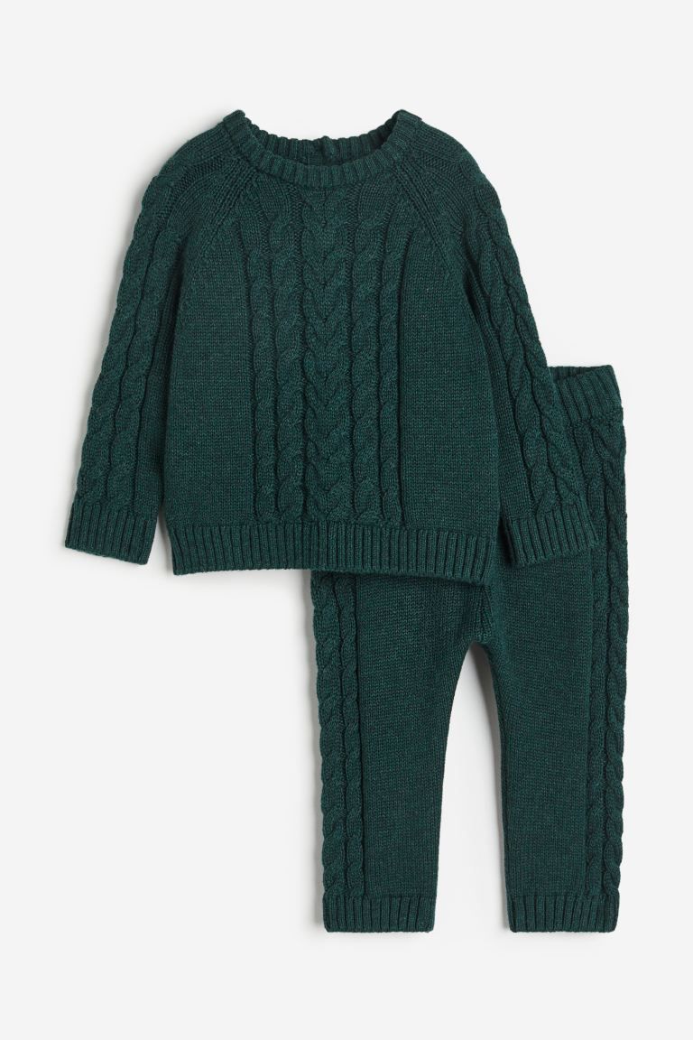 2-piece Cable-knit Cotton Set - Dark green - Kids | H&M US | H&M (US + CA)