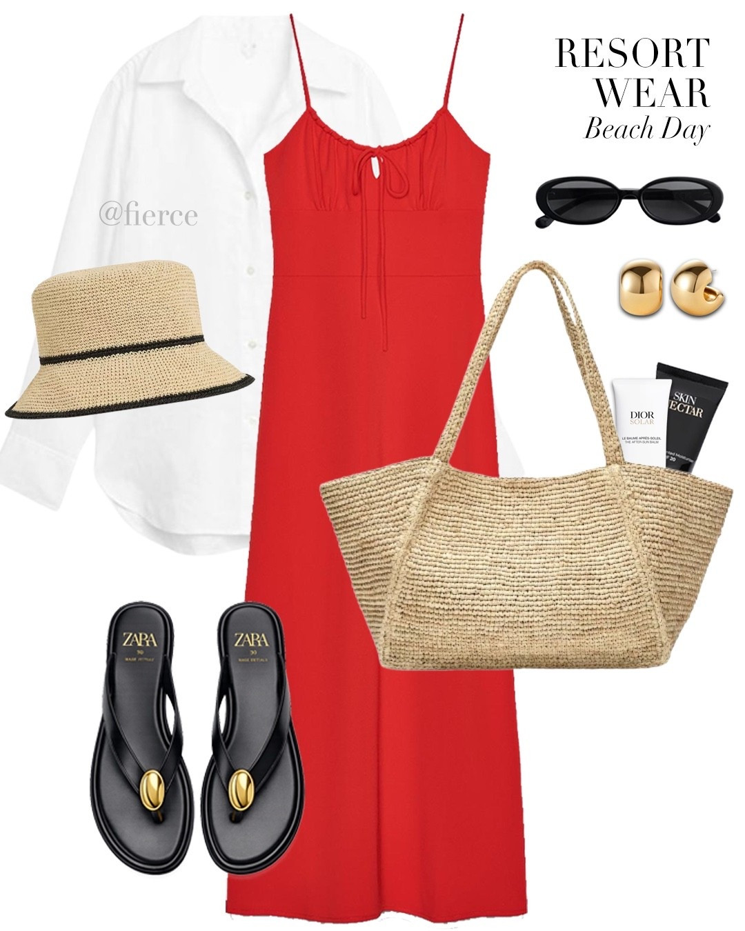 Red dress white linen shirt raffia tote bag gold detail thong sandals resort wear beach holiday

#LTKuk #LTKsummer #LTKtravel