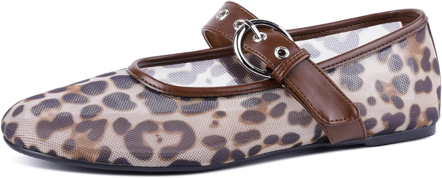 Leopard Mesh Flats for Women Round Toe Mary Jane Ballet Flats Buckle Strap Slip On Casual Breatha... | Amazon (US)