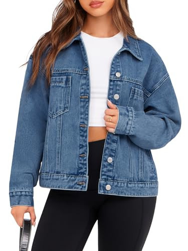 Glamaker Womens Oversized Jean Jacket Casual Long Sleeve Button Down Denim Jacket Fall Coat (Light Denim Blue L) | Amazon (US)