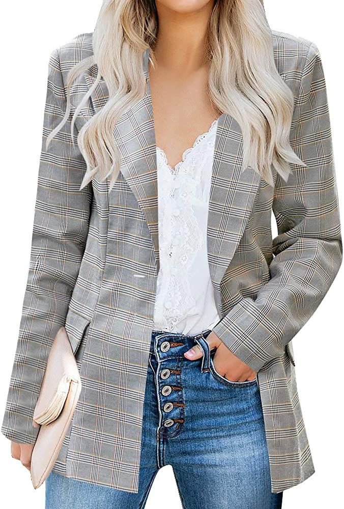 luvamia Women's Plaid Blazer Jacket Casual Notched Lapel One Button Work Office Blazer Jacket Sui... | Amazon (US)