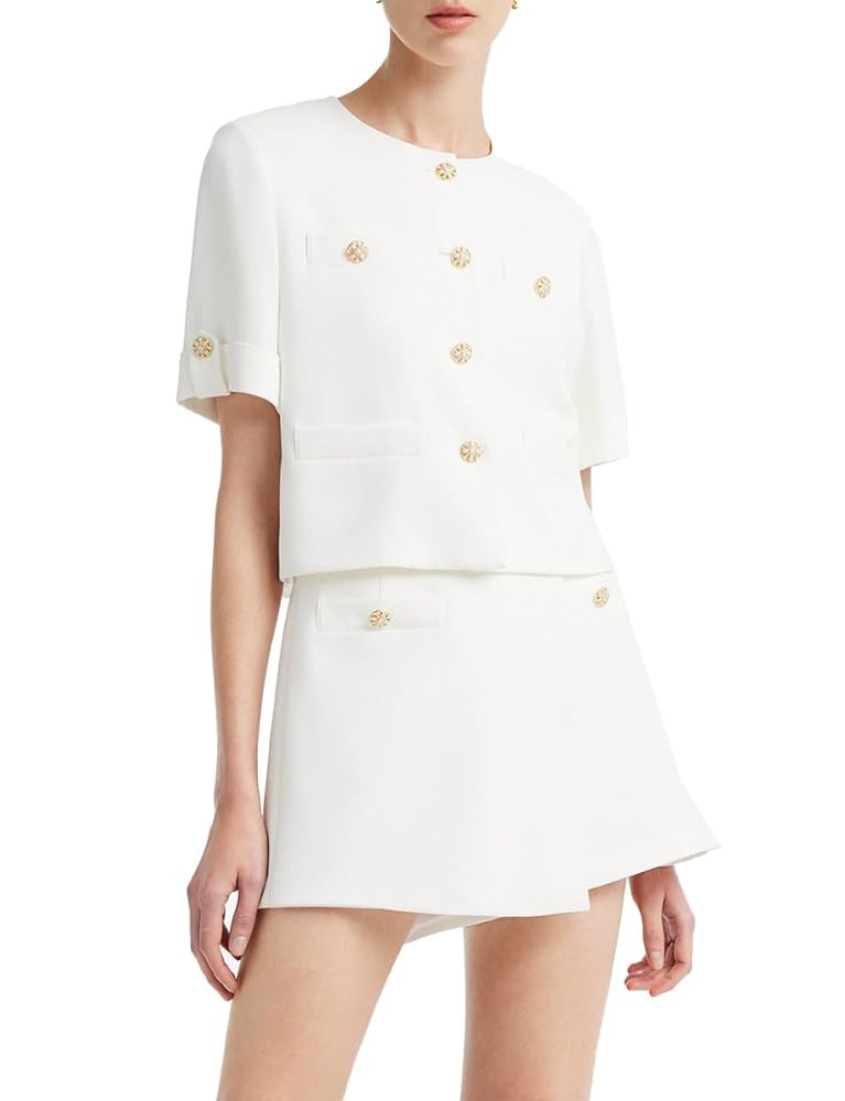 Women's 2 Piece Suit Sets White Acetate Short Sleeve Blazer Jacket and Skirt Shorts Business Casu... | Amazon (US)
