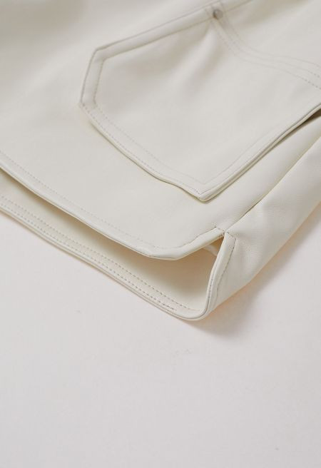 Patch Side Pocket Faux Leather Utility Shorts in Ivory | Chicwish
