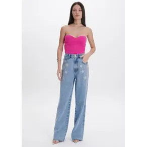 Calça Wide Leg Jeans com Estrelas Azul 32 | OffPremium (BR)