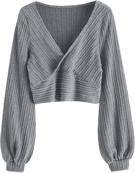 ZAFUL Women's Pullover Ribbed Cropped Knitwear Drawstring Ruched Knitted Crop Top Solid V-Neck Lo... | Amazon (US)