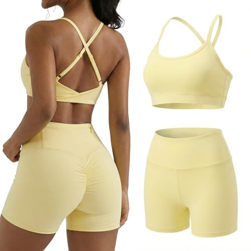 YOINS Workout Sets for Women 2 Piece Strappy Back Sports Bra High Waisted Biker Shorts Gym Yoga Outfits Yellow Large | Amazon (US)