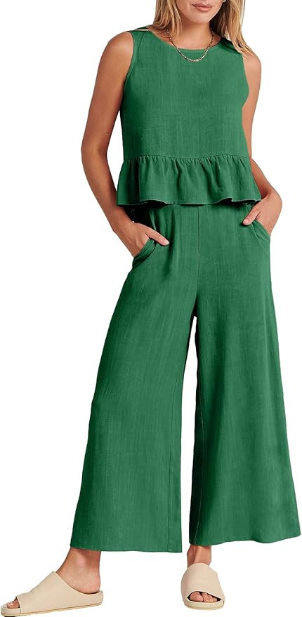 ANRABESS Women's Summer 2 Piece Outfits Sleeveless Ruffle Tank Crop Top & Wide Leg Pants Lounge S... | Amazon (US)
