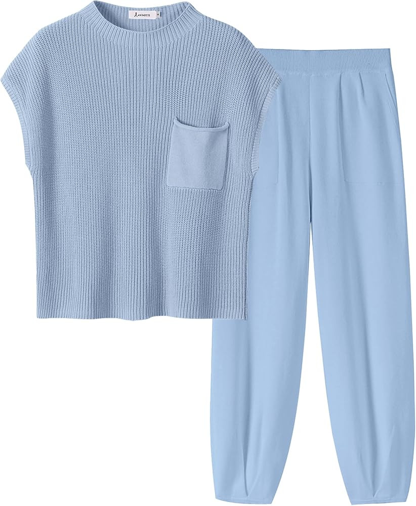 ANRABESS Women's Two Piece Outfits Knit Sweater Vest Crop Top Pants Lounge Matching Tracksuit Swe... | Amazon (US)