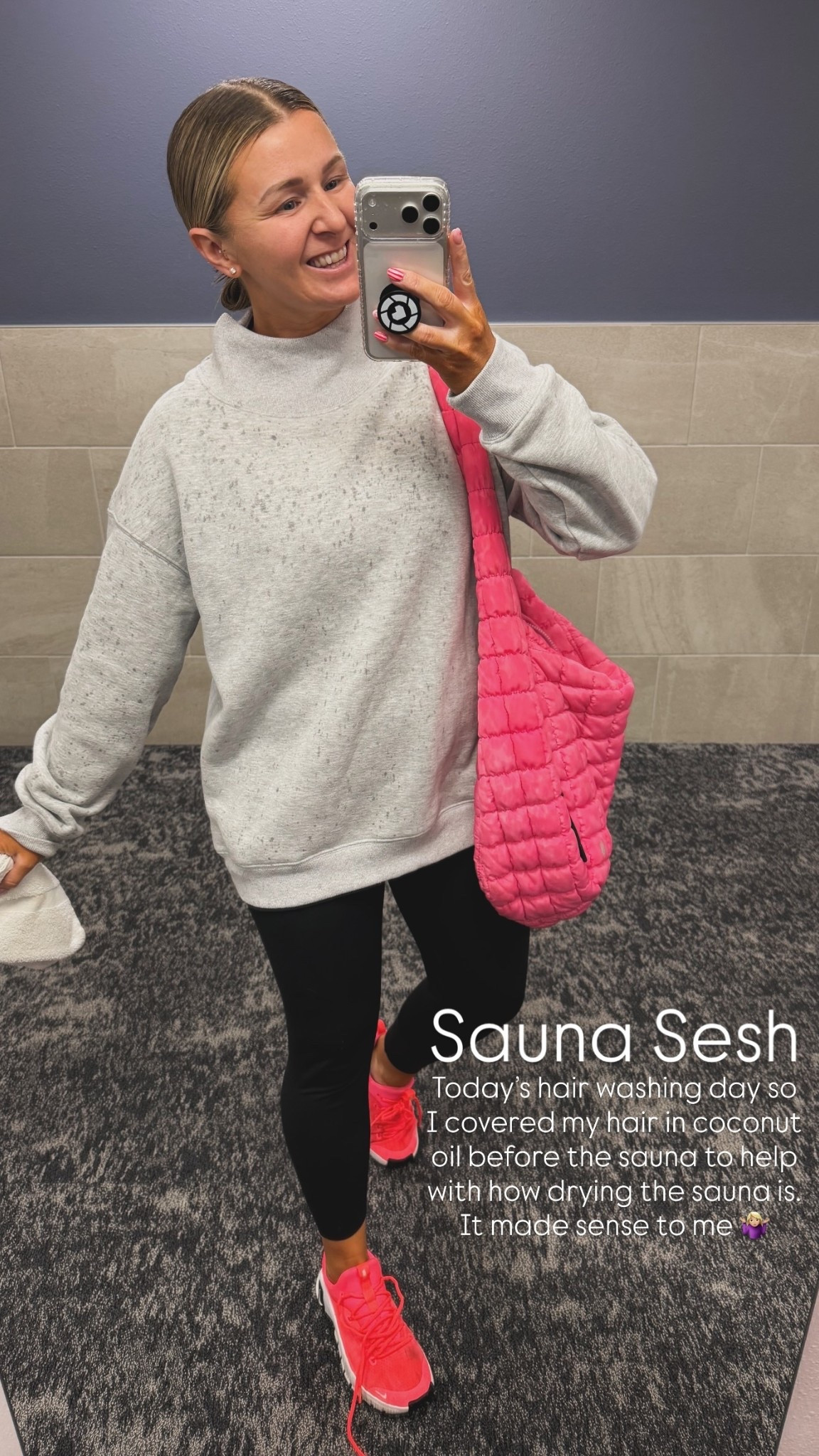Sauna Sesh - Today’s hair washing day so I covered my hair in coconut oil before the sauna to help with how drying the sauna is. 
It made sense to me 🤷🏼‍♀️

Medium sweatshirt 
Medium leggings. These @Spanx booty boost leggings are a favorite of mine! Wearing a medium with room.

#LTKOver40 #LTKActive #LTKmorningroutine