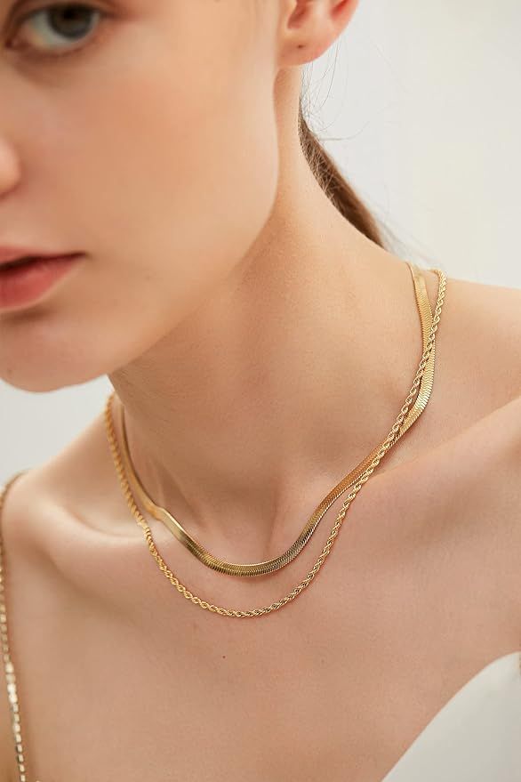 YADUDA Layered Chain Necklace Rope Chain Herringbone Necklace Ball Station 14k Gold Tarnish Resis... | Amazon (US)