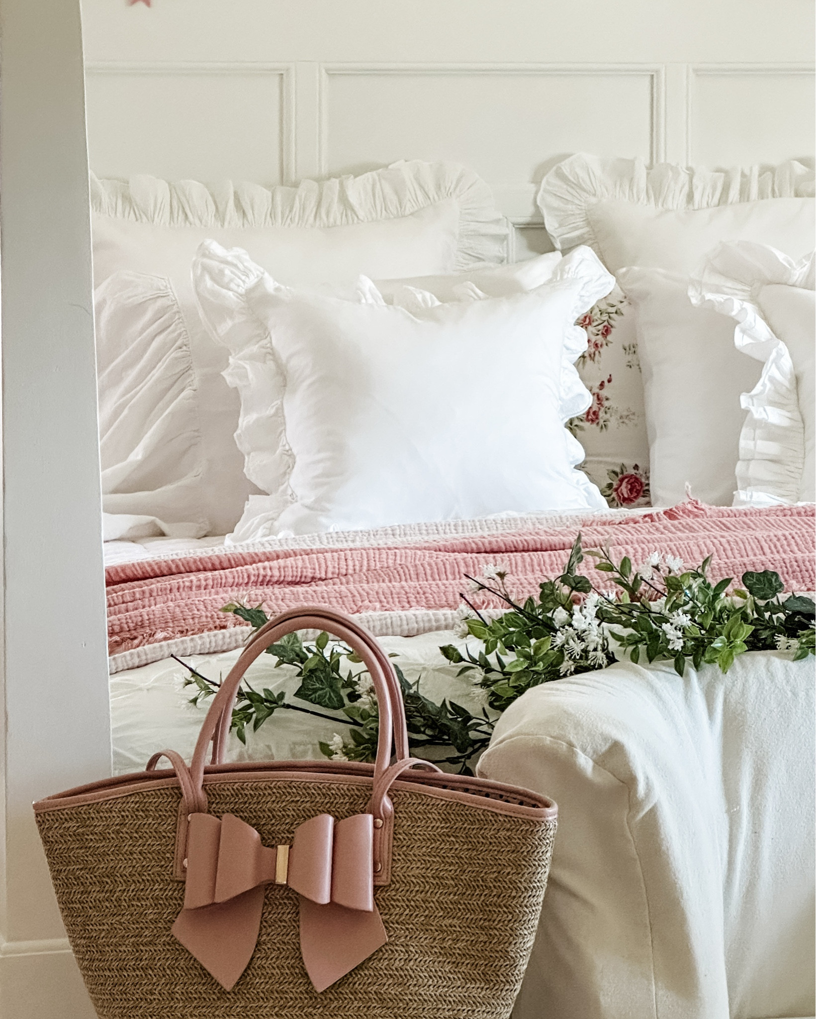 Pink and white cottage bedroom. 
Affordable bedding and pillow covers. 

Bedding
Feminine decor 
Pink home 
White decor 
Ruffles 


#LTKstorytime #LTKSaleAlert #LTKHome